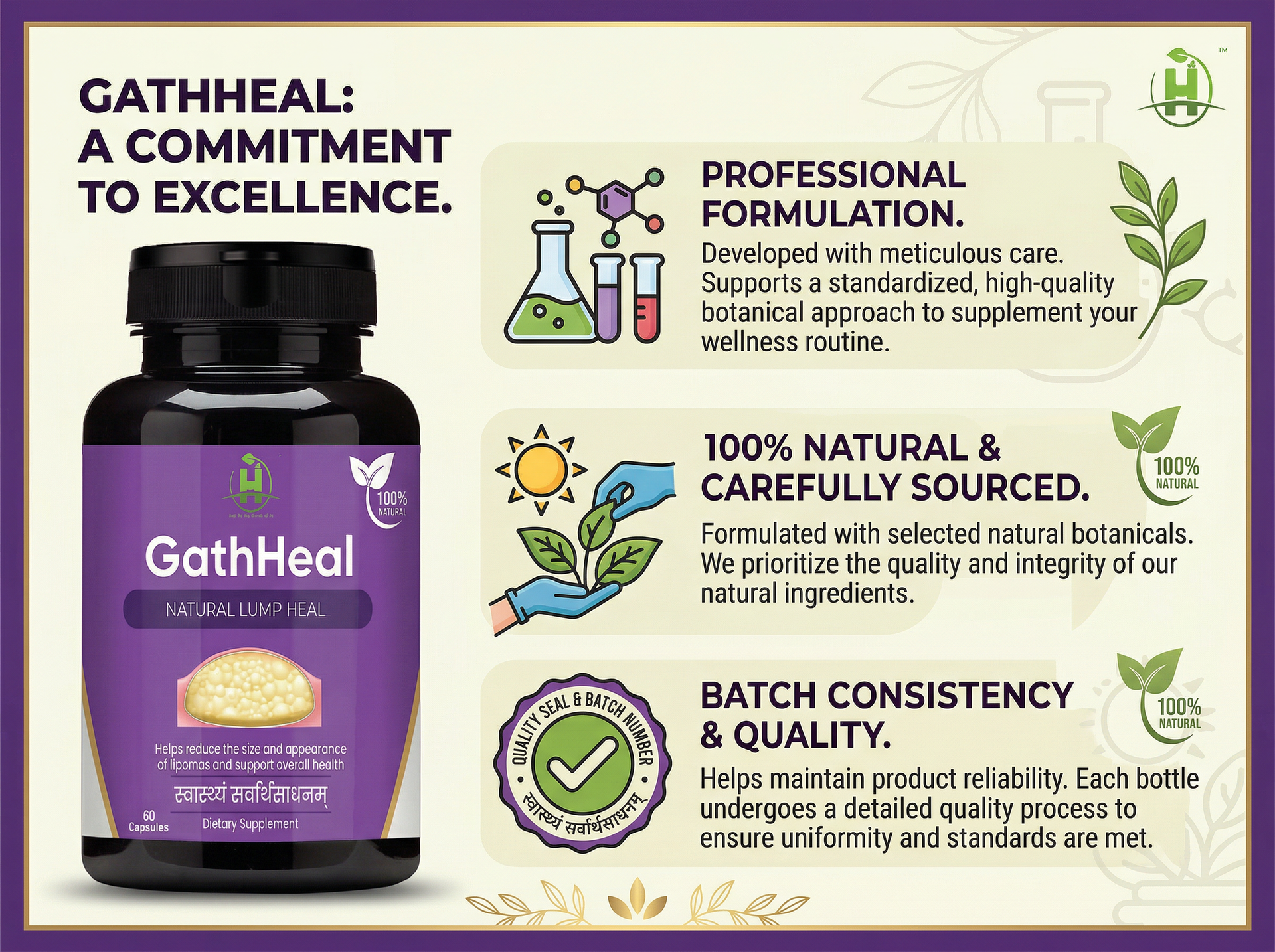 Healthy Nutrition GathHeal Herbal Supplement Capsules with Ashwagandha, Turmeric, White Willow & Bakuchi | Ayurvedic Botanical Wellness Support | Non-GMO Herbal Blend | 60 Capsules