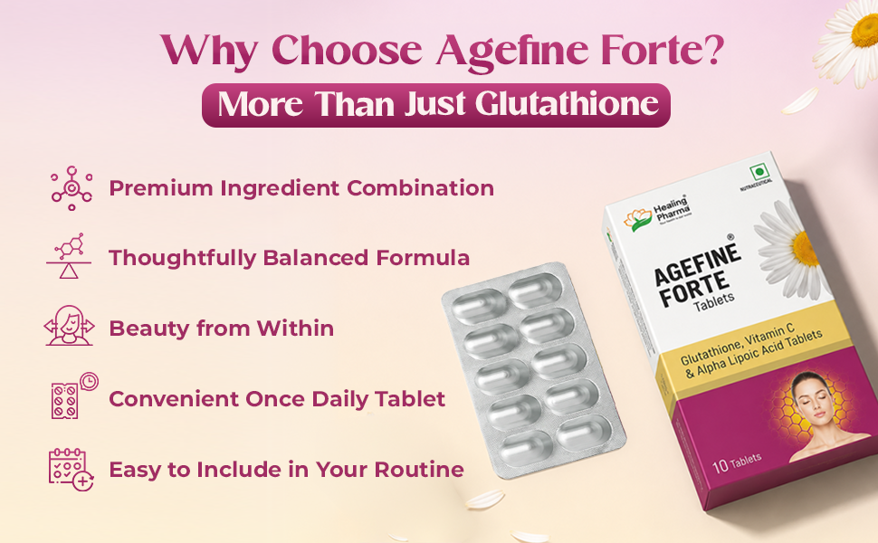 Healing Pharma - Agefine Forte Glutathione Tablets with Vitamin C & Alpha Lipoic Acid | Antioxidant Supplement for Skin Glow, Even Tone & Anti-Aging | 10 Tablets
