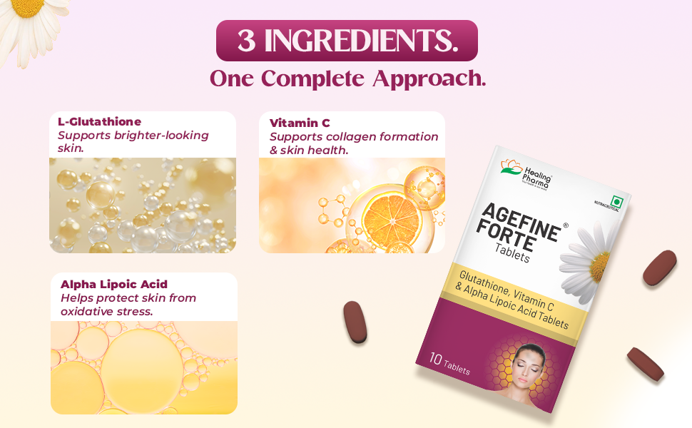 Healing Pharma - Agefine Forte Glutathione Tablets with Vitamin C & Alpha Lipoic Acid | Antioxidant Supplement for Skin Glow, Even Tone & Anti-Aging | 10 Tablets