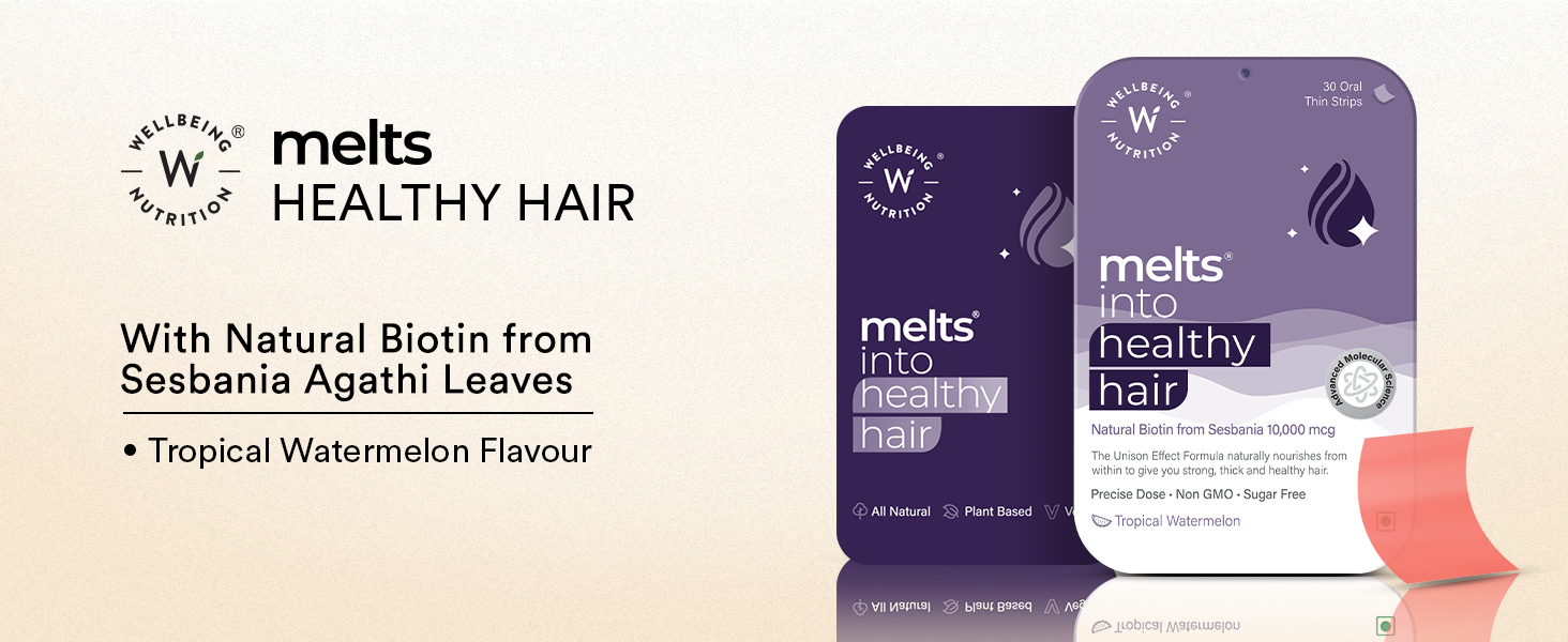 Wellbeing Nutrition Melts Healthy Hair | Pure Biotin 10,000mcg, Keratin, Zinc, Folic Acid for Stronger, Shinier Hair, Strength & Thickness, 30 Oral Strips