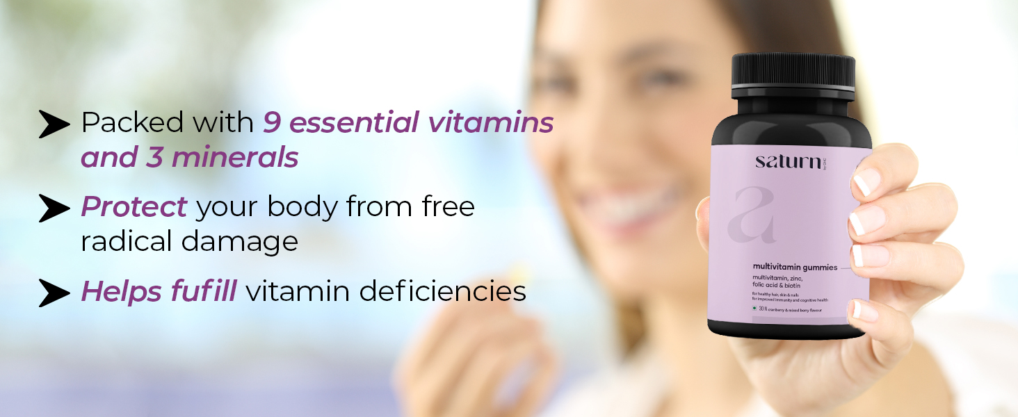 Saturn by GHC Multivitamin - 100% Vegan, 30 Gummies (Pack of 1) | Promotes Thick Hair & Restores Skin Glow Powered With Multivitamin, Biotin, Zinc & Folic Acid | Paraben, SLS-Free, Sulphate-Free