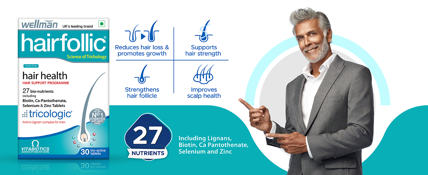 Wellman Hairfollic Hair supplements for Men with zinc, selenium, lignans that supports hair growth, provide strength to hair roots | vegetarian 30 tablets