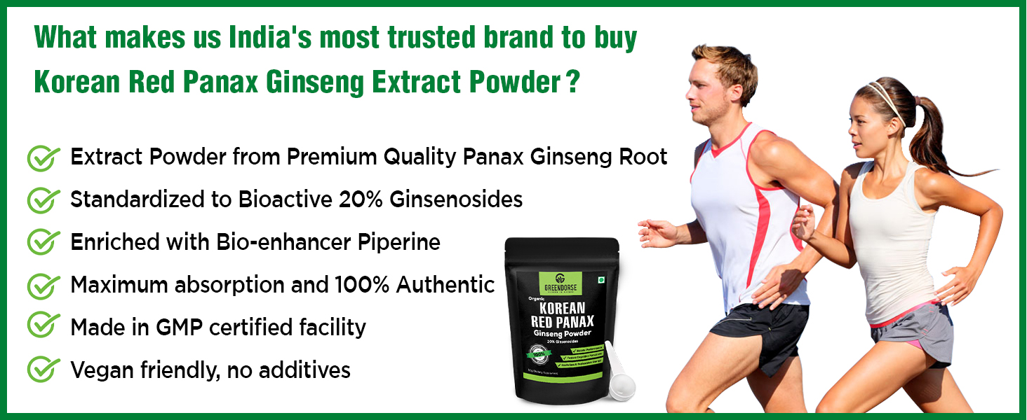 GREENDORSE Organic Korean Panax Ginseng Extract Powder |10% active Ginsenosides by HPLC | Lab tested| Immune & Cognitive support, Boosts Energy, Stamina, Vegan Friendly-30g