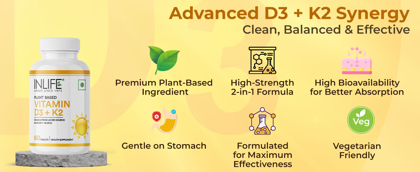 INLIFE Vitamin D3 K2 Supplement, 600 IU D3 K2 MK7 55 mcg, 60 Tablets