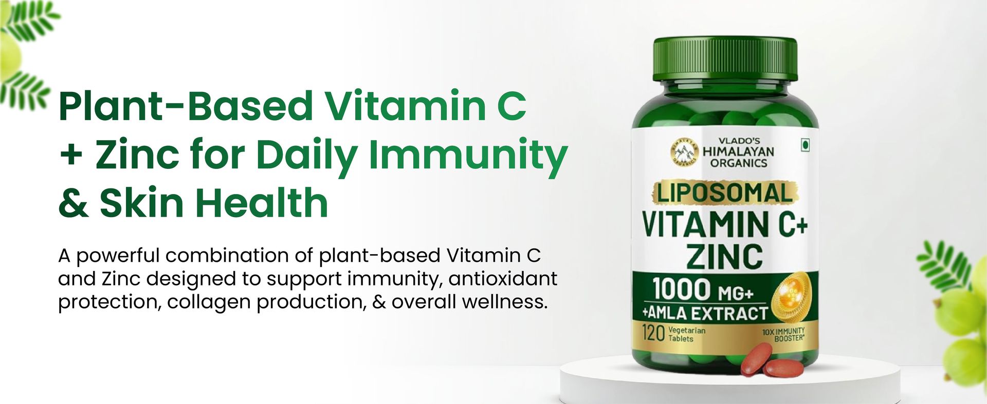 Vlado’s Himalayan Organics Liposomal Vitamin C with Zinc 1000Mg Supplement For Men And Women | Glowing And Radiant Skin | Improved Immune And Heart Health - 120 Veg Capsules