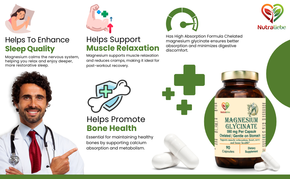 Magnesium Glycinate Chelated - High Absorption - Supports Muscle Relaxation, Bone Health & Sleep - 90 Capsules (1)