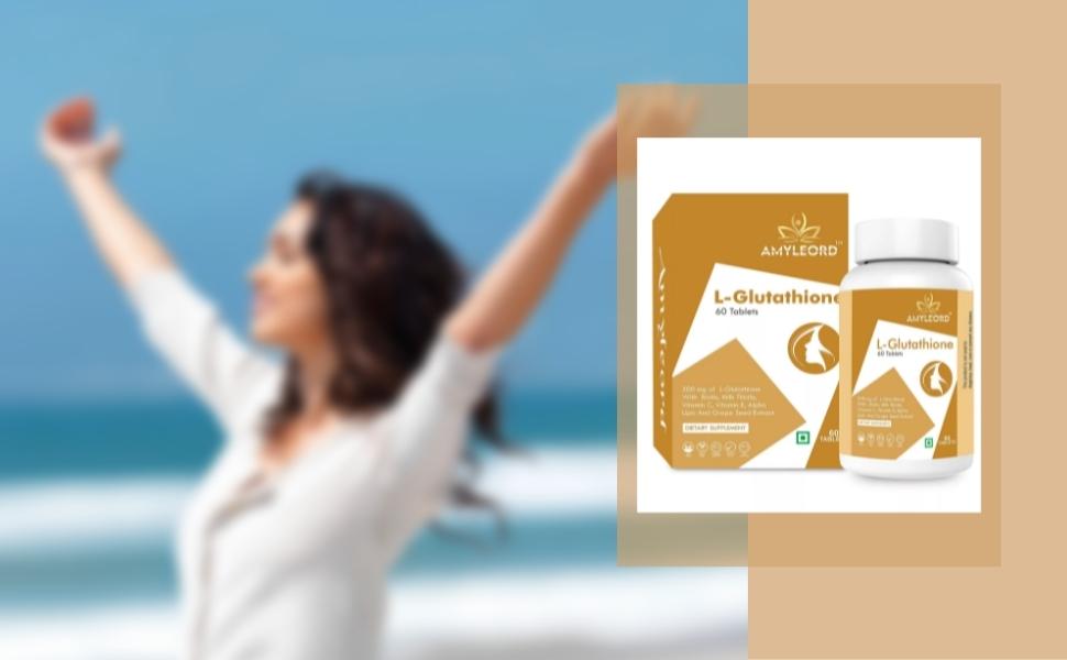 L - Glutathione Tablets 1000mg with Vitamin C & E, Biotin, Milk Thistle, Grape Seed Extract for Help to Skin Glow and Hydration - 60 Tablets (Golden White)