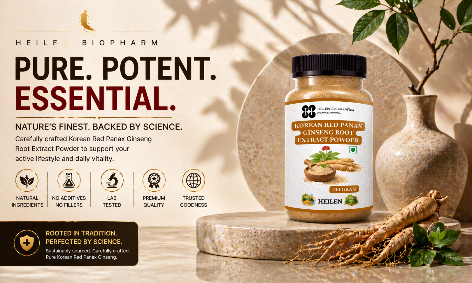 Heilen Biopharm Korean Red Panax Ginseng Root Extract Powder – 100g | Sealed Plastic Container | Natural Energy, Stamina & Focus Booster | Supports Immunity, Vitality & Performance, No Additives