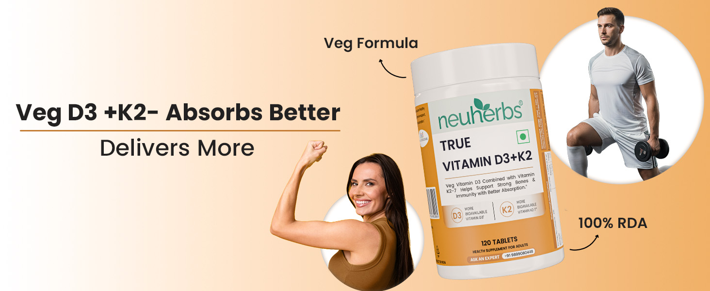 Neuherbs Vitamin D3 (600 IU) Tablets with K2 MK7 | True Vitamin D3 to Supports Bone Strength, Immunity & Heart Health | Vegetarian D3 Supplement for Men & Women | 120 Tablets