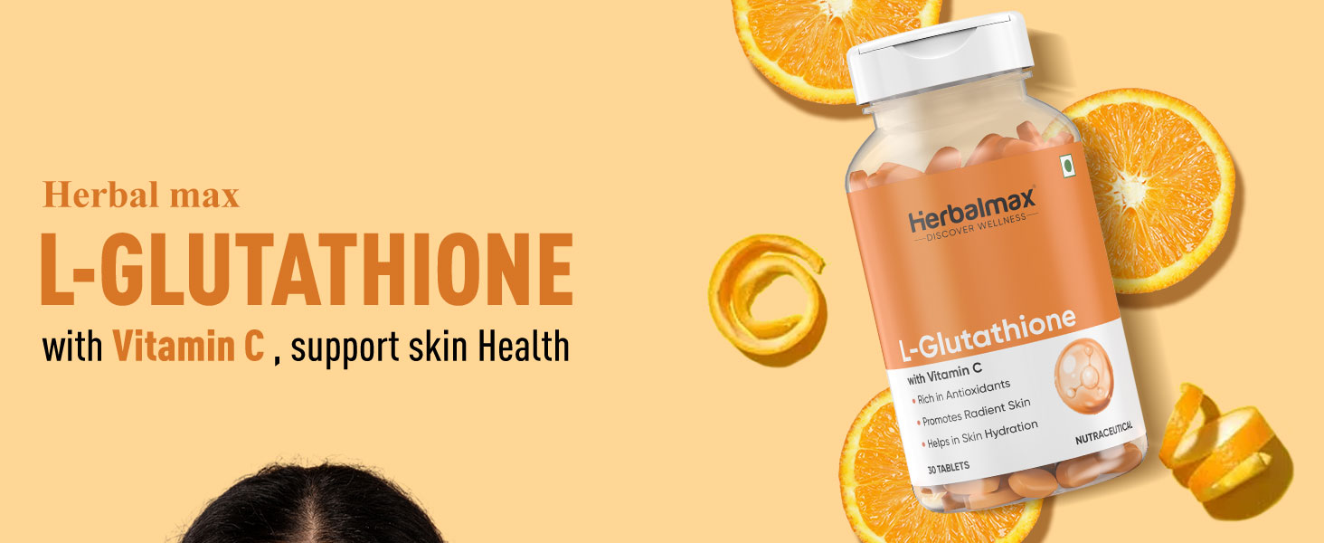 Herbalmax L-Glutathione with Vitamin C Tablets for Skin Whitening, Brightening & Fairness | Powerful Antioxidant & Immunity Booster | Natural Detox & Radiance Support - Pack of 2 (30 Tablets Each)