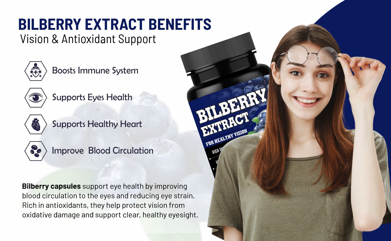 Bilberry Extract Capsules, Vision Health Support, 60 Count, High Potency Formula with Antioxidant Support