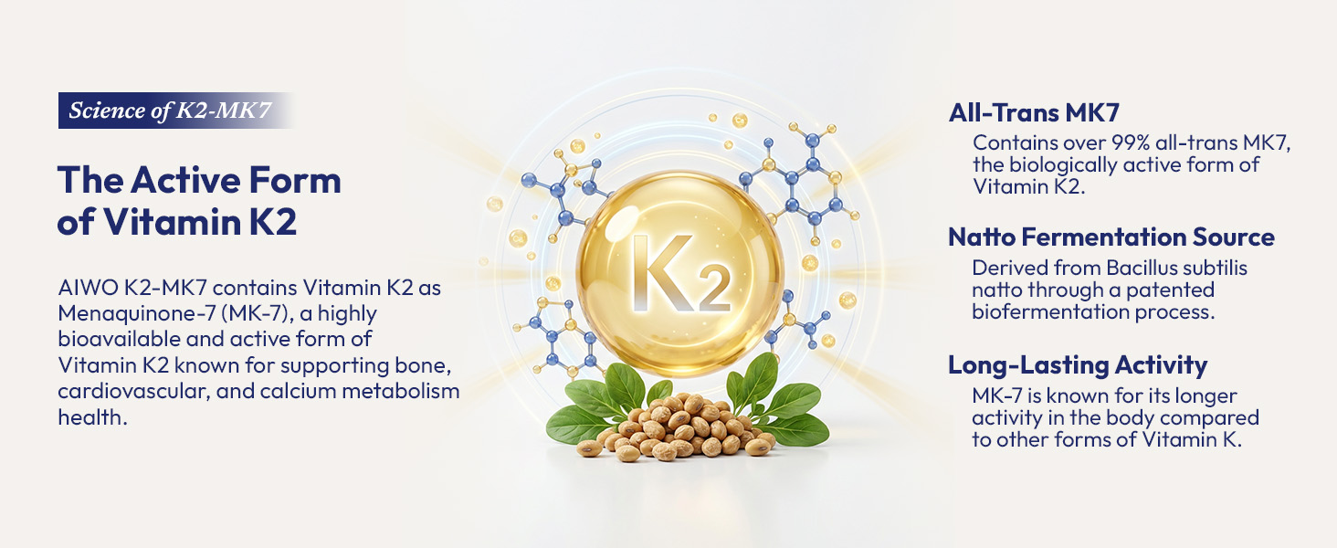 AIWO Vitamin K2 MK-7 55 mcg Tablets | Supports Bone & Calcium Metabolism | Menaquinone-7 Supplement | Vegetarian Formula for Men & Women | Daily Use Support | 60 Tablets