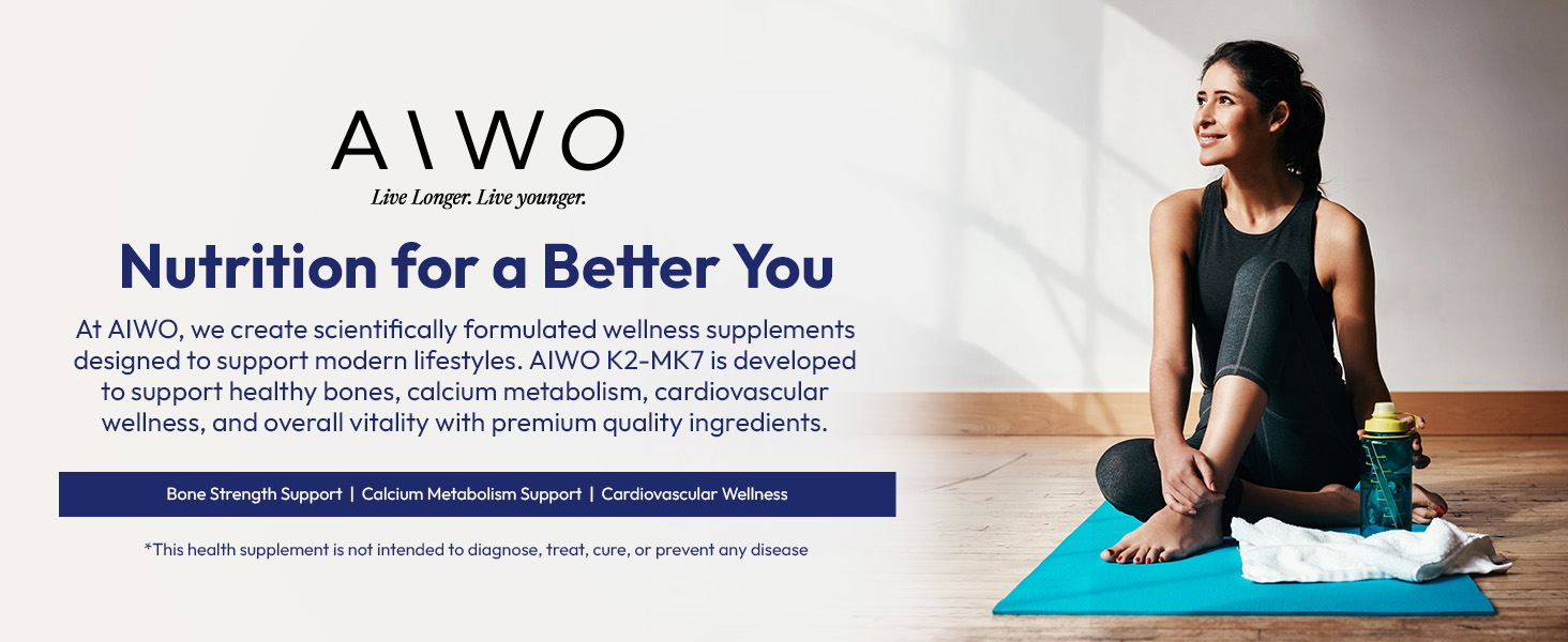 AIWO Vitamin K2 MK-7 55 mcg Tablets | Supports Bone & Calcium Metabolism | Menaquinone-7 Supplement | Vegetarian Formula for Men & Women | Daily Use Support | 60 Tablets