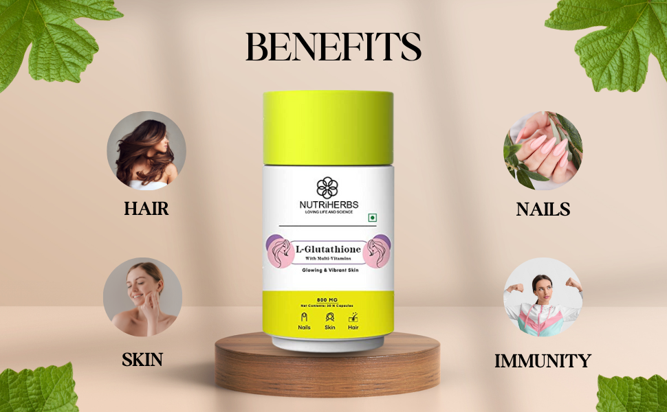 NUTRI HERBS L-Glutathione 800mg Capsules with Vitamin C, E & Biotin | Skin Brightening & Antioxidant Supplement | Glowing Skin, Healthy Hair & Nails | For Men & Women | 30 Capsules