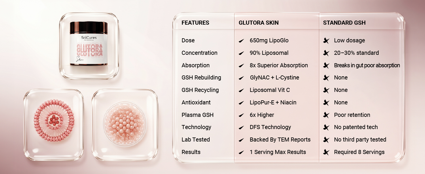 Glutora Skin Liposomal Glutathione 94% 650mg | Liposomal Vitamin C & E + GlyNAC 500mg | 8X Absorption | Niacinamide + HA | Skin Pigmentation, Brightening & Glow | TEM Verified | 30 Capsules