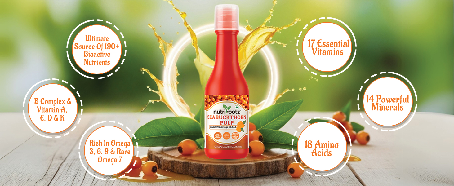 Nutrirootz HIMALAYAN SEA BUCKTHORN PULP | Pack of 2 (500ml Each) | Herbal Juice | Himalayan Superfruit Juice - Rich In Omega 3,6,7,9 & Vitamin C | Cold Pressed | Rich in Antioxidants | Immunity Booster
