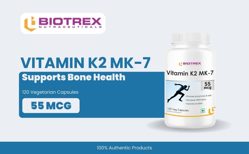 Biotrex Nutraceuticals Vitamin K2 MK-7 (Vegetarian Source) 55mcg | Bioactive Menaquinone-7 | Bone Health & Calcium Metabolism | High Absorption Formula | 120 Veg Capsules