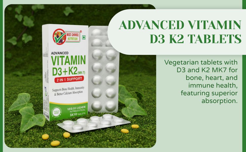 Vitamin D3 K2 Supplement | Vitamin K2 MK7 To Support Bone & Heart Health | Veg D3 - Lichen (30 Tablets)