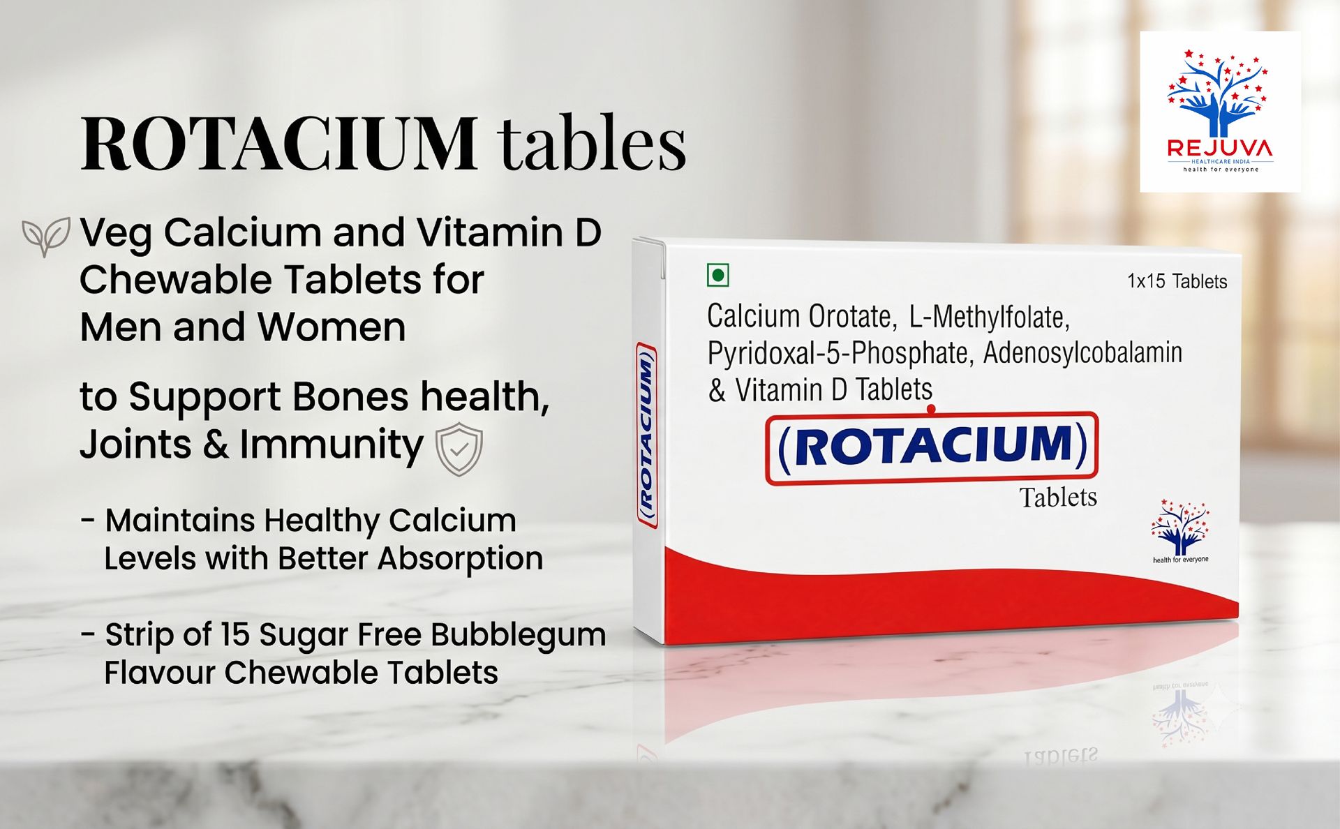 Veg Calcium and Vitamin D Chewable Tablets for Men and Women to Support Bones health, Joints & Immunity - Maintains Healthy Calcium Levels with Better Absorption - Strip of 15 Sugar Free Bubblegum Flavour Chewable Tablets