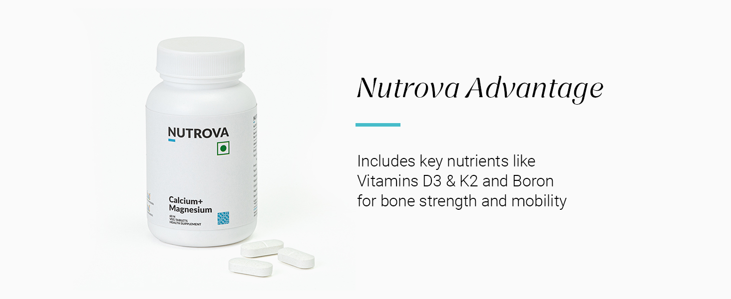 Nutrova Calcium+Magnesium | With Vitamin D3, K2-MK7 & Boron | Boosts Bone Strength, Joint & Muscle Health | High Absorption with Calcium Citrate Malate & Magnesium Bisglycinate | 60 Veg Tablets.