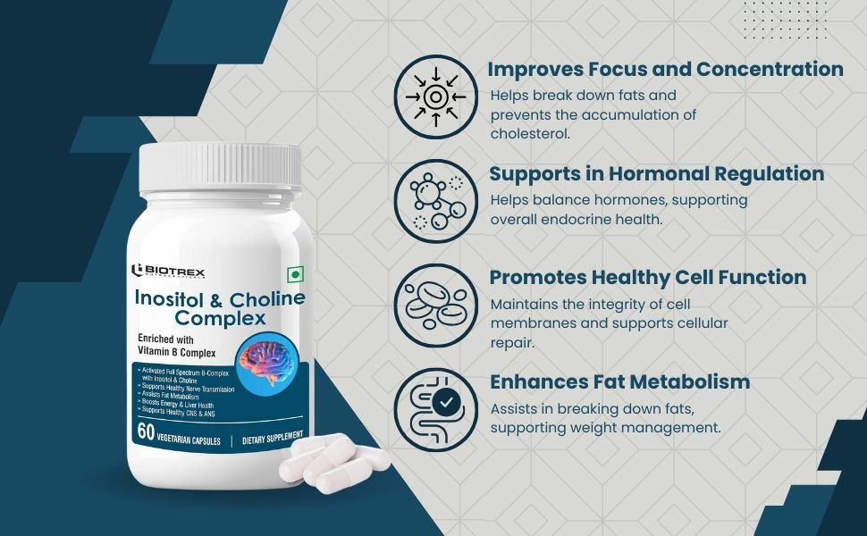 Biotrex Nutraceuticals Inositol and Choline With Vitamin B Complex (B1, B2, B3, B5, B6, B7, B9 & B12) | High Purity Nutrients | Brain & Nerve Function | Better Motor Signal | Lab Tested | 60 Veg Capsules