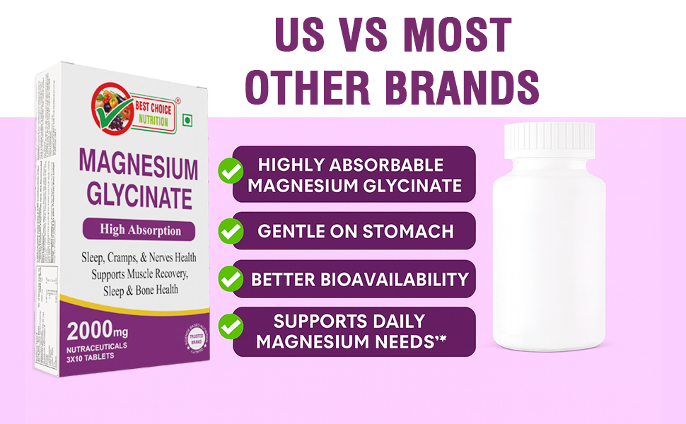 Best Choice Nutrition Magnesium Glycinate High Absorption, Supports Sleep, Cramps, Nerves, Muscle Recovery, Bone Health, Tablets (30 Tablets)