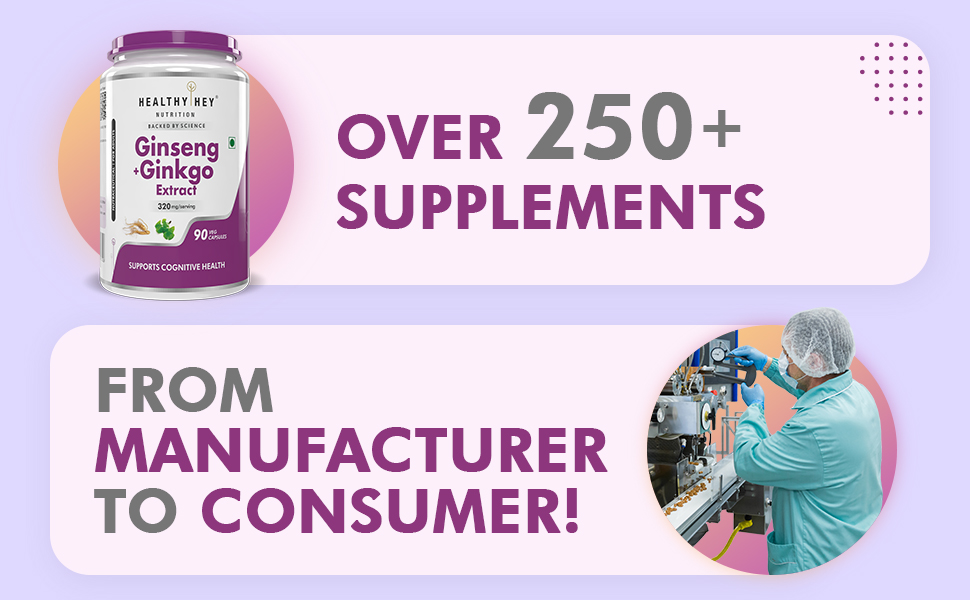 HealthyHey Ginseng + Ginkgo Biloba - Improves Memory & concentration- 90 Veg Capsules