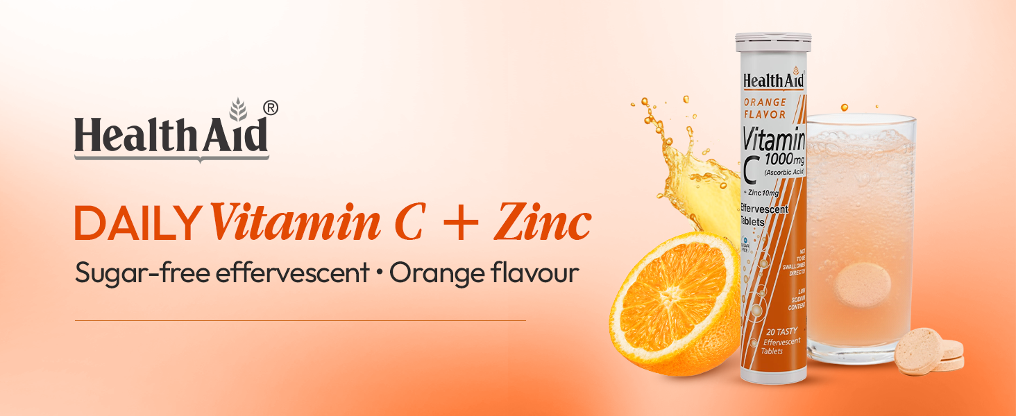 HealthAid Vitamin C with Zinc – 20 Effervescent Tablets | Immunity, Skin & Energy Support | Sugar-Free | Orange Flavor