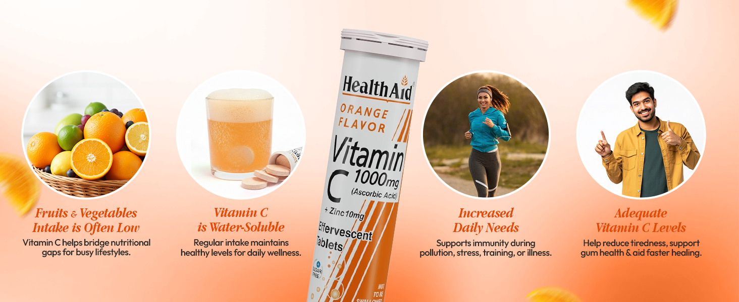 HealthAid Vitamin C with Zinc – 20 Effervescent Tablets | Immunity, Skin & Energy Support | Sugar-Free | Orange Flavor