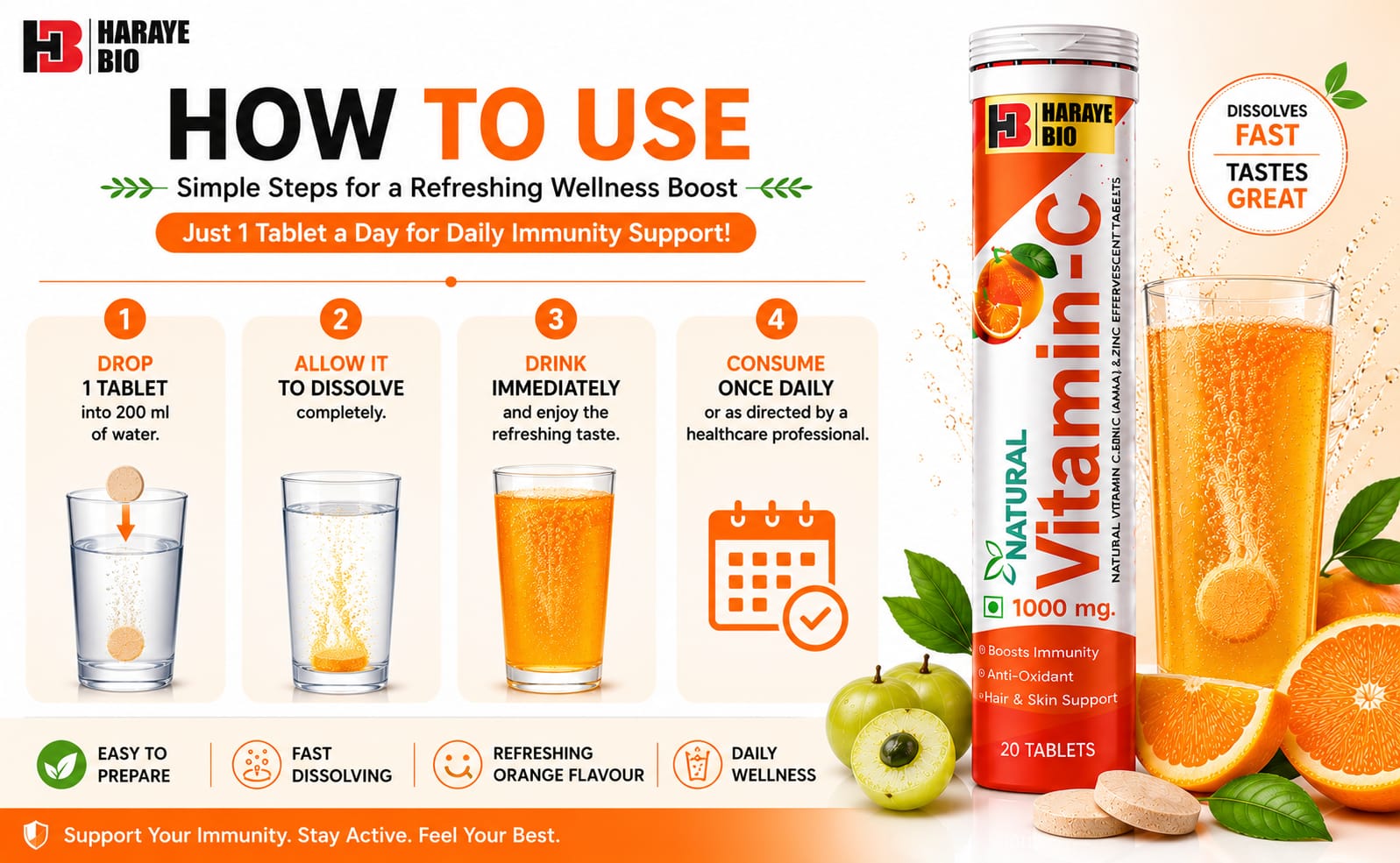 Natural Vitamin C Effervescent Tablets With 1000 Mg Amla Extract & Zinc Sulphate Monohydrate | Immunity Booster Supplement Orange Flavour | Fast Dissolving 20 Tablets Pack Of 1