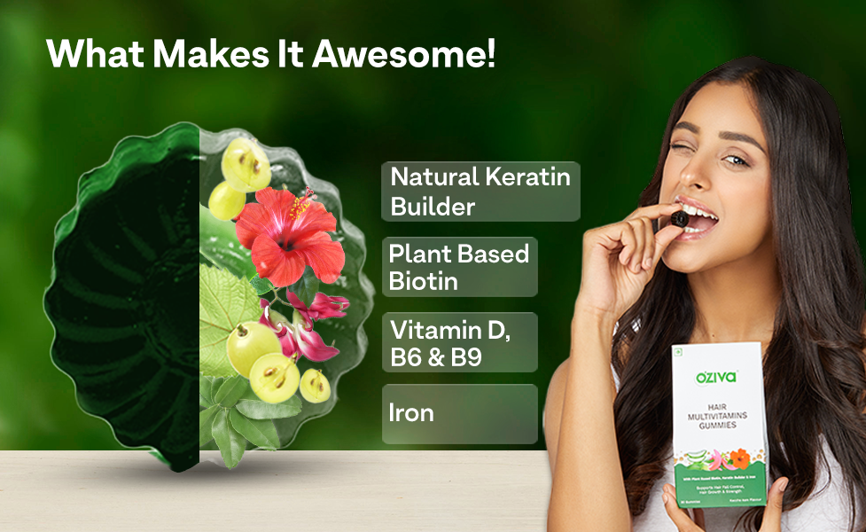 OZiva Biotin Hair Multivitamins Gummies For Stronger,Fuller,Shinier Hair|Hair Gummies With Keratin Builder,Iron&Vitamins B9,B6&D|Raw Mango Flavour|No Added Sugar (Pack Of 1,30 Gummies)