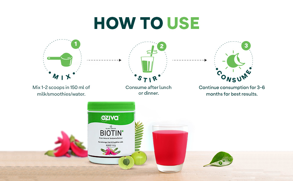OZiva Biotin For Hair Growth|Biotin Powder for Hair & Healthier Texture, Skin, Nails & Body (With Silica, Sesbania Agati, Vitamin B6),Certified Clean & Vegan, 125g (Lemon)