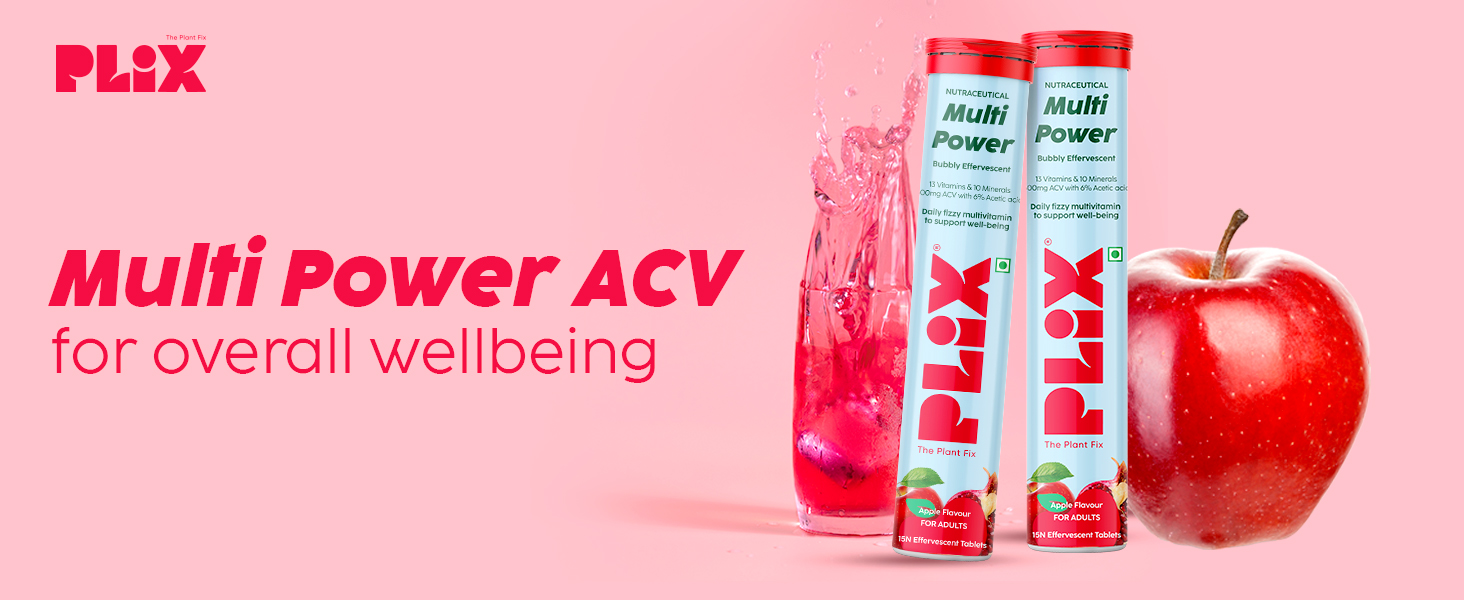 PLIX - THE PLANT FIX Multi Power Multivitamin + Apple Cider Vinegar 15 Fizzy Effervescent Tablet,Pack of 1(Apple Burst)with 13 Vitamins & 10 Minerals|100% Vegan|No Added Sugar|Travel Friendly,90 grams