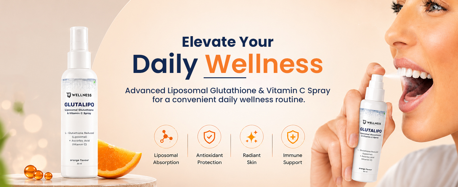 TQ Wellness Glutathione with Vitamin C for Healthy Skin, Skin Brightening, Anti-Ageing, Pigmentation & Dark Spots, Glutalipo Oral Spray, Sugar-free, Orange Flavour Pack of 30 ml