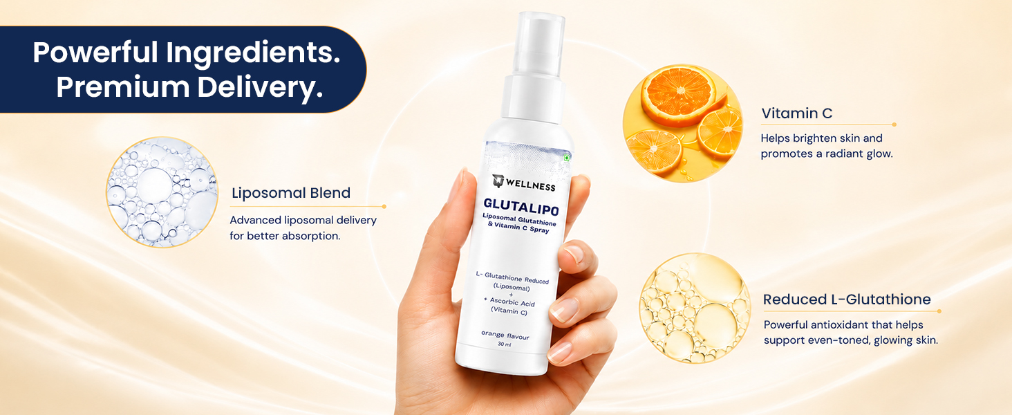 TQ Wellness Glutathione with Vitamin C for Healthy Skin, Skin Brightening, Anti-Ageing, Pigmentation & Dark Spots, Glutalipo Oral Spray, Sugar-free, Orange Flavour Pack of 30 ml