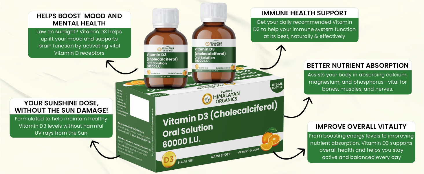 Vlado's Himalayan Organics Vitamin D3 60000 IU Shots | Cholecalciferol Vitamin D3 60000 IU Supplement I Sugar Free I Oral Solution I Vitamin D 60K for Men & Women – 5ml Each bottle - Orange Flavour - (Pack of 8)