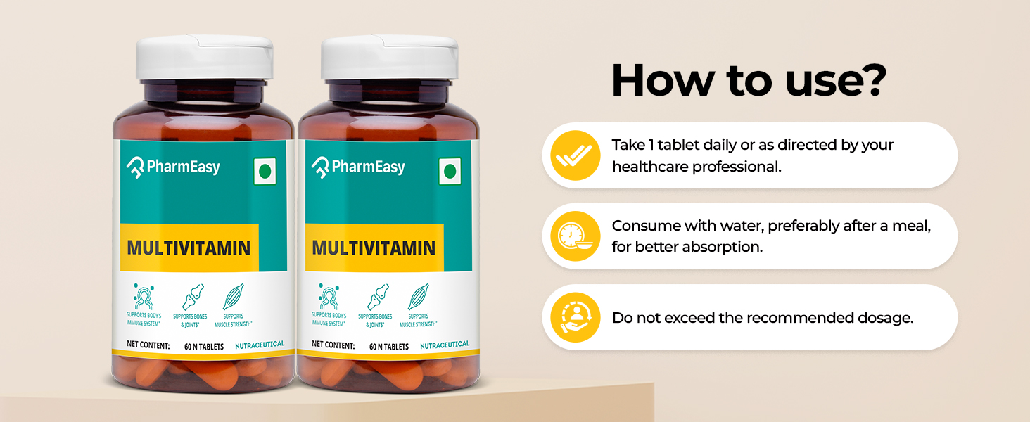PharmEasy Advanced Multivitamin for Men and Women with Vitamins and Minerals, Zinc, Calcium, Vitamin C, Vitamin D2, and Antioxidants, for Immunity & Energy - (60 Multivitamin Capsules)