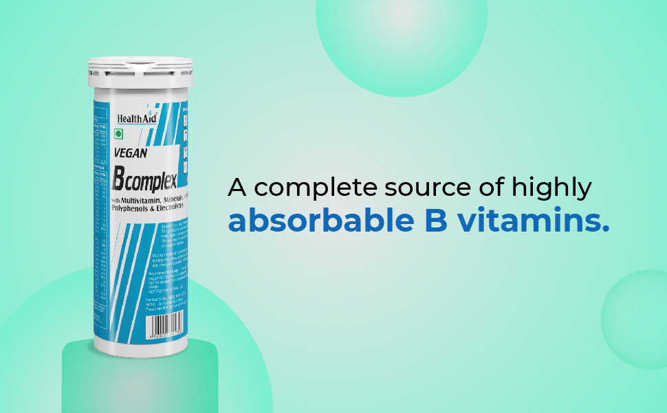 Health Aid Vegan B Complex - 40 Effervescent Tablets | Multivitamin, Minerals, Herbal Blend, Polyphenols & Electrolytes