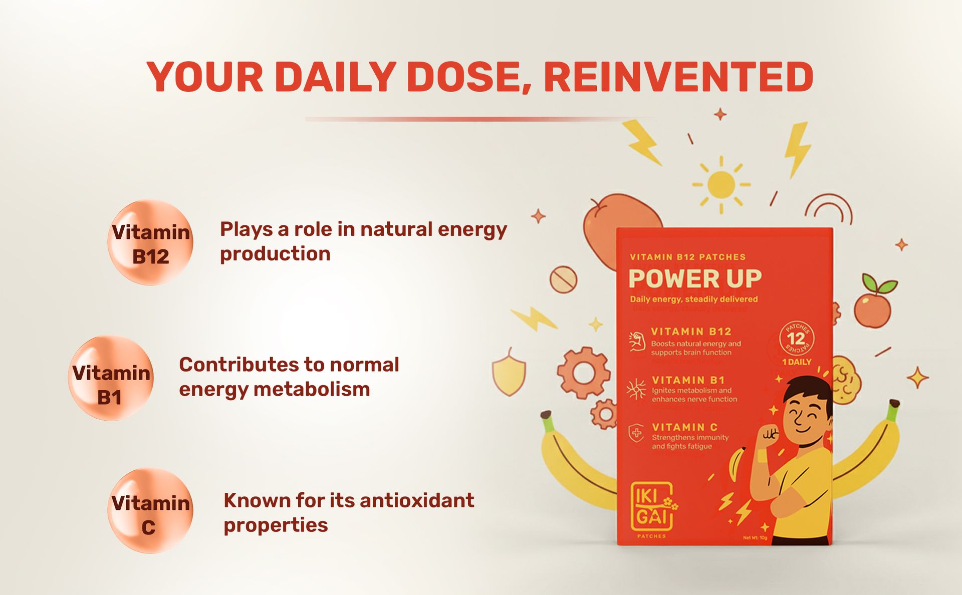 IKIGAI B12 Power Up Patches | 12 Transdermal Patches with Vitamin B12, B1 & C | Boosts Energy, Immunity & Focus | Reduces Fatigue & Improves Stamina
