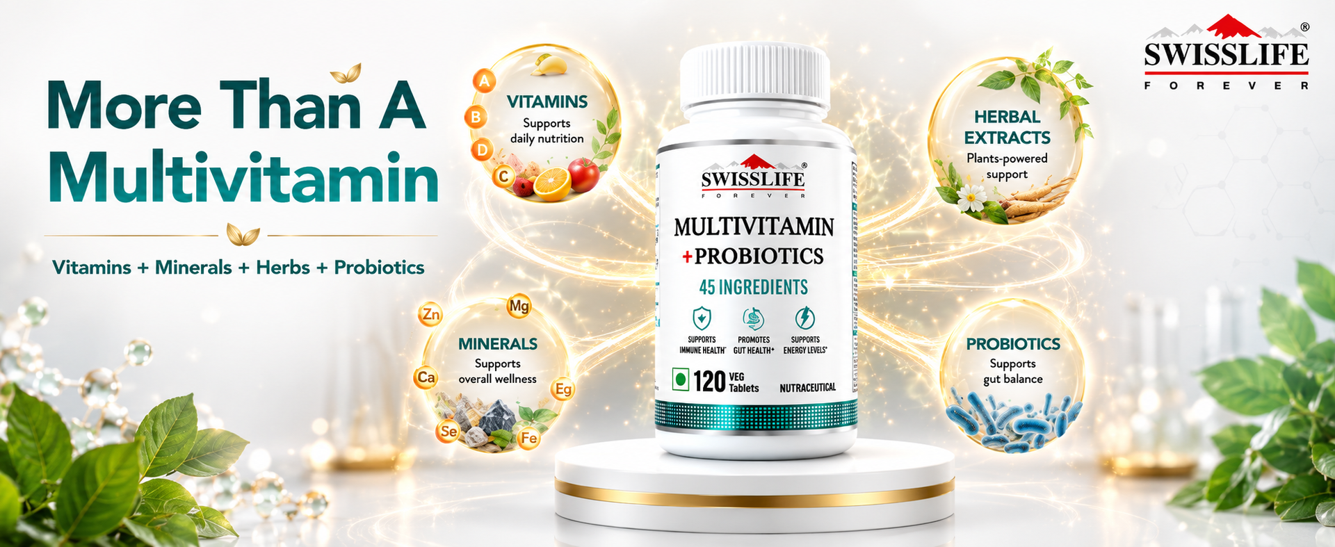 Swisslife Forever Multivitamin with Probiotics - 45 ingredients for men and women| Vit.A, B vitamins, C, D, E | Biotin, Zinc, Vitamins, Minerals and Giloy (120 Veg Tablets)
