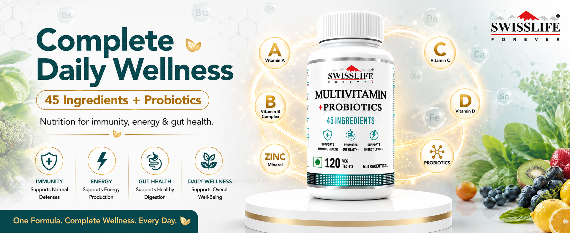 Swisslife Forever Multivitamin with Probiotics - 45 ingredients for men and women| Vit.A, B vitamins, C, D, E | Biotin, Zinc, Vitamins, Minerals and Giloy (120 Veg Tablets)