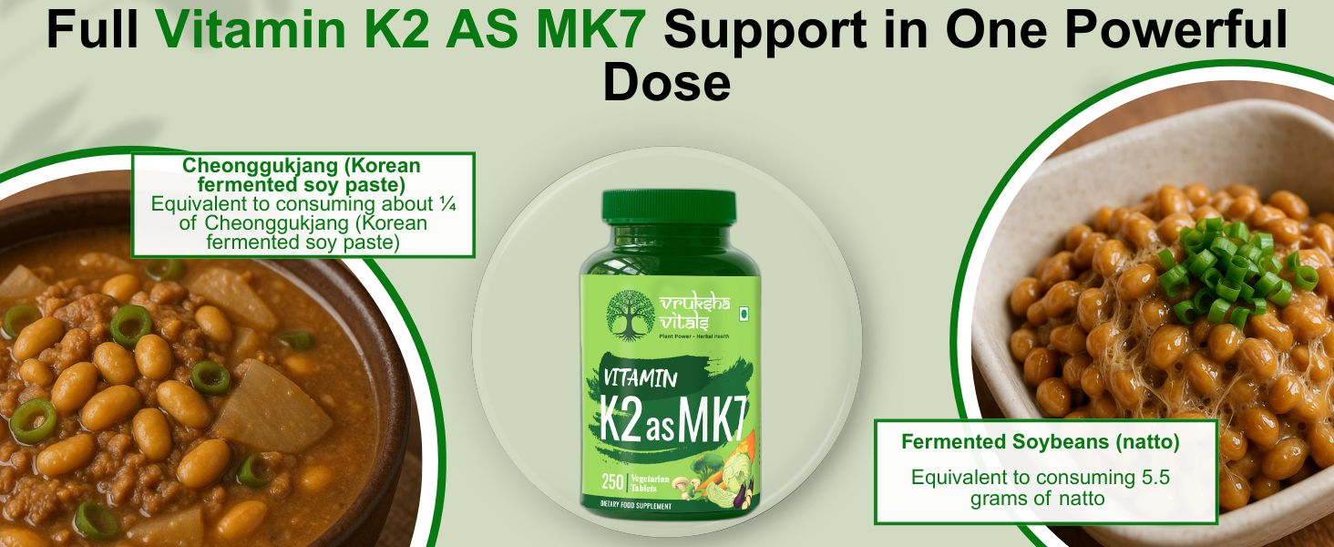 Vruksha Vitals Vitamin K2 as MK7 55mcg per Tablet - 250 Tablets - Plant Based Vegan Vitamin K Capsules/Tablets Supplement
