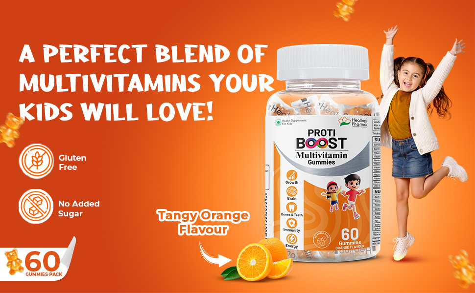 Healing Pharma - Protiboost Multivitamin Gummies for Kids | Daily Supplement for Growth, Immunity, Brain, & Bone Health | No Added Sugar & Gluten Free | Orange Flavour | 60 Gummies