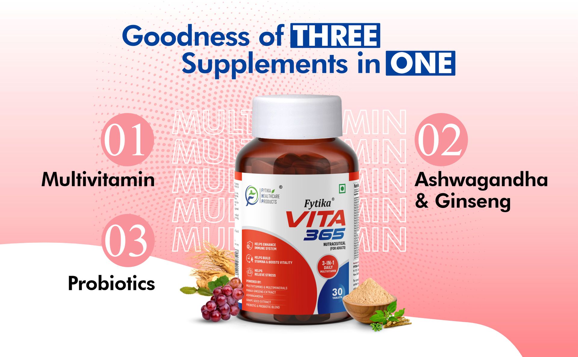 Fytika Vita 365-30 tablets (Pack of 1) | Multivitamin For Men and Women | With Ashwagandha, Ginseng, Probiotics & Prebiotics and Biotin| Enhances Energy, Immunity and Digestion