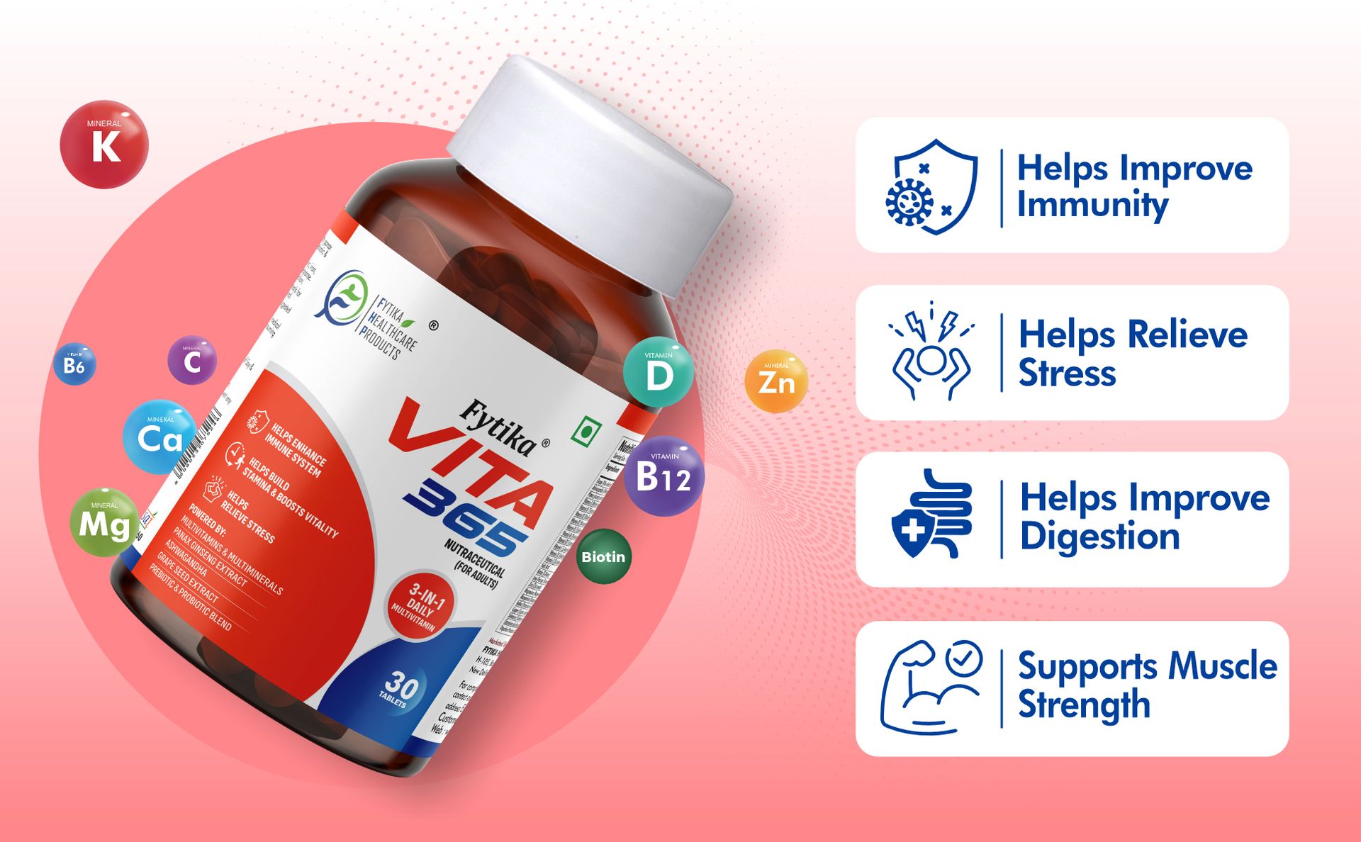 Fytika Vita 365-30 tablets (Pack of 1) | Multivitamin For Men and Women | With Ashwagandha, Ginseng, Probiotics & Prebiotics and Biotin| Enhances Energy, Immunity and Digestion