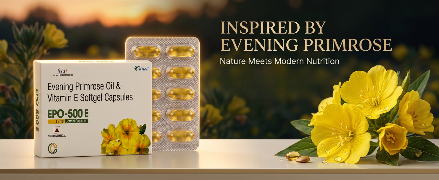 Knoll Healthcare EPO-500E Evening Primrose Oil 500 mg with Vitamin E Softgel Capsules | Supports Women’s Wellness, Skin Health & Antioxidant Support | Dietary Supplement (1x10 Capsules)