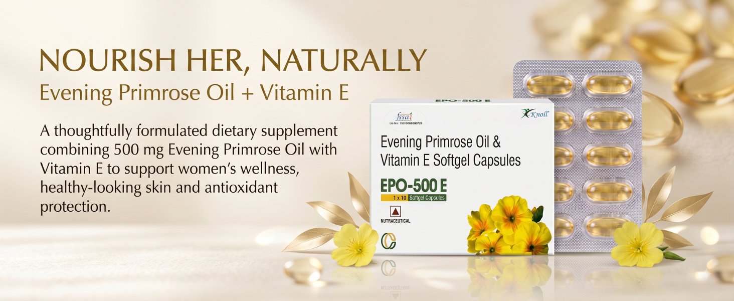 Knoll Healthcare EPO-500E Evening Primrose Oil 500 mg with Vitamin E Softgel Capsules | Supports Women’s Wellness, Skin Health & Antioxidant Support | Dietary Supplement (1x10 Capsules)