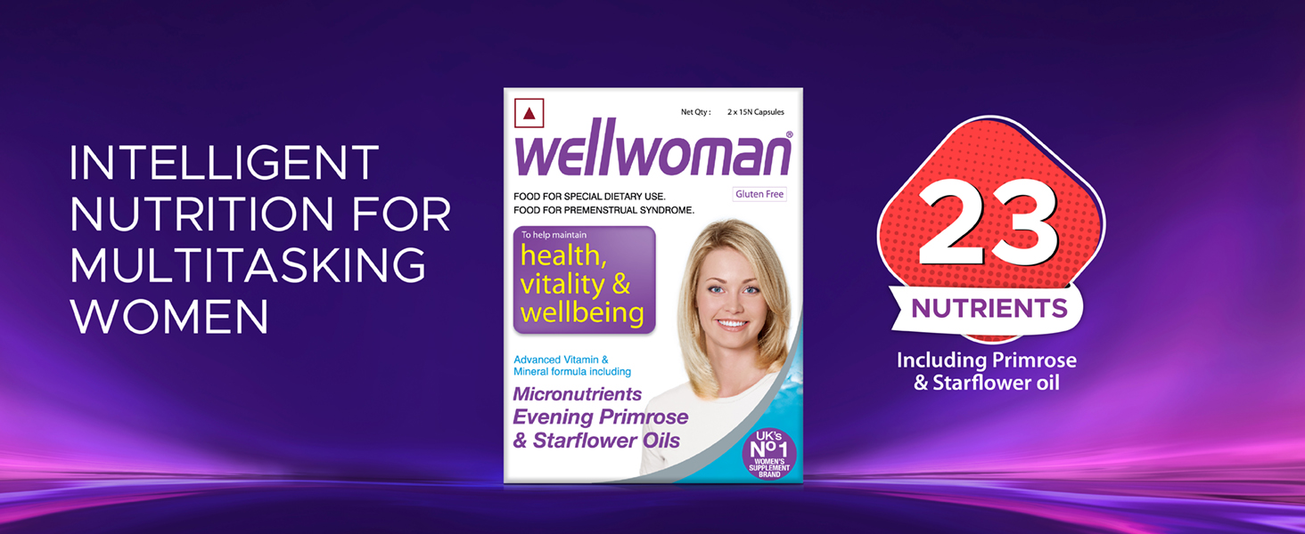 Wellwoman Multivitamin Capsules For Women With Evening Primrose Oil,Magnesium,Vitamin C,B6,Folic Acid To Provide All Round Nutrition,Immunity,Helps Reduce Pms,Pcos Symptoms,30 Veg Capsules,200 grams