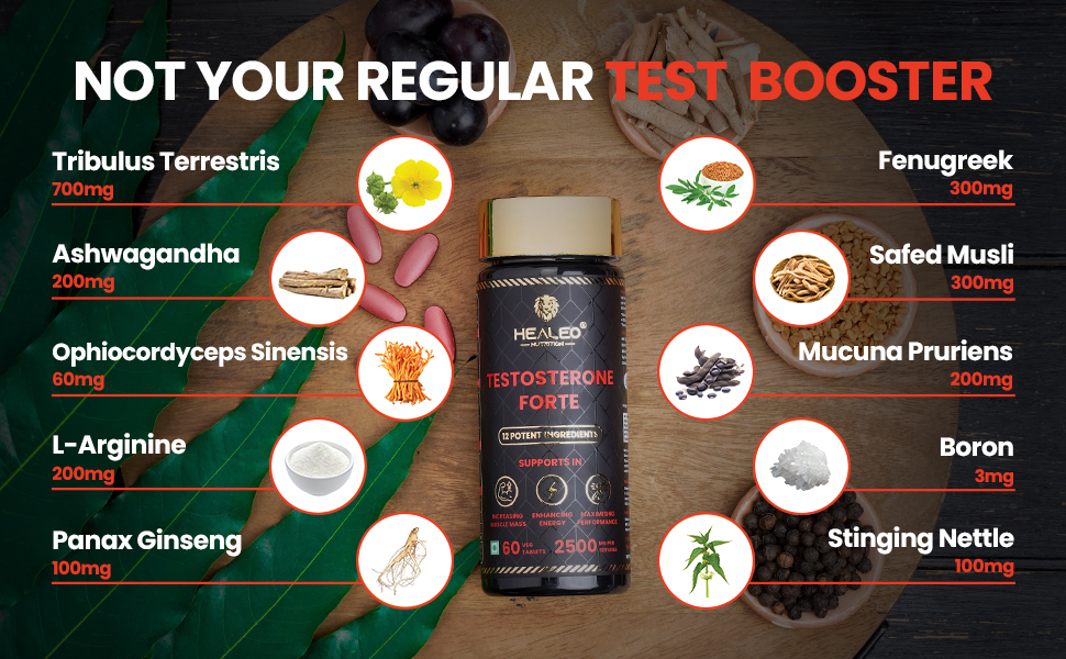 Healeo Testo Forte, 12-in-1 Testosterone Booster for Men with Tribulus, Safed Musli, Panax Ginseng, L-Arginine - Enhances Stamina, Muscle Strength & Power - Lab Tested - 60 Veg Tablets