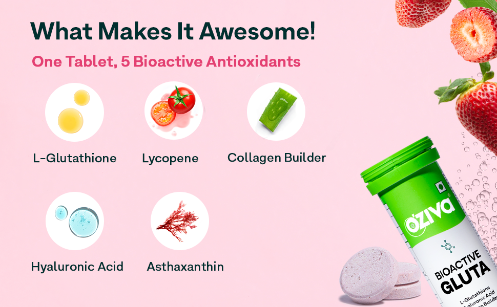 OZiva Bioactive Glutathione Tablets, Strawberry Swirl & Orange, 30 Tabs